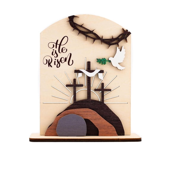 DUYIWUE Wooden Resurrection Scene Empty Tomb Sign 6 inches, He Is Risen Christian Table Decorations Indoor, Catholic Cross Jesus Religious Easter Gifts Decor For Tiered Tray, Home, Office