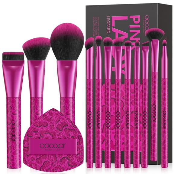 docolor Makeup Brushes 12PCS Pink Leopard Makeup Brush Set with 1PC Large Powder Puffs