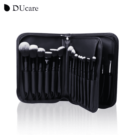 DUcare Leather Cosmetic Bag Makeup Brush Organizer with 29 Hole Brush Storage, Black