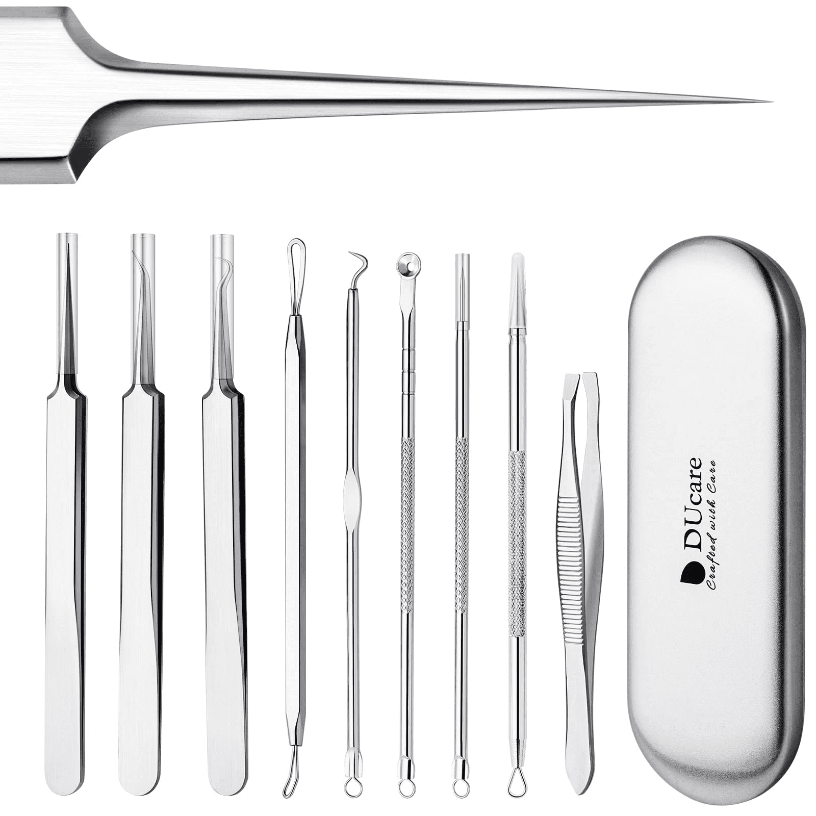 DUcare Pimple Popper Tool Kit 9 Pcs Blackhead Remover Tools Pimple Extractor Acne Tools with Metal Case for Pimples Blackheads Forehead Zit Removing