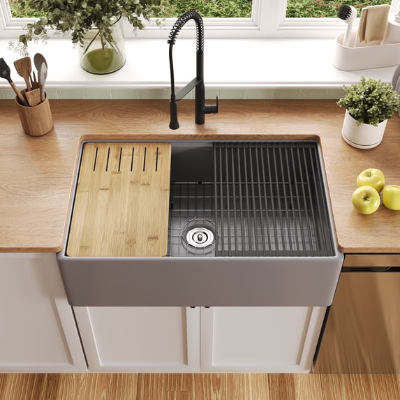 DV-1K0161GY 33"L x 20"W Kitchen Sink, Farmhouse Workstation Sink with Cutting Board and Dish Drying Rack