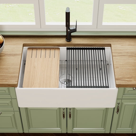 DV-1K0161W 33"L x 20"W Kitchen Sink, Farmhouse Workstation Sink with Cutting Board and Dish Drying Rack