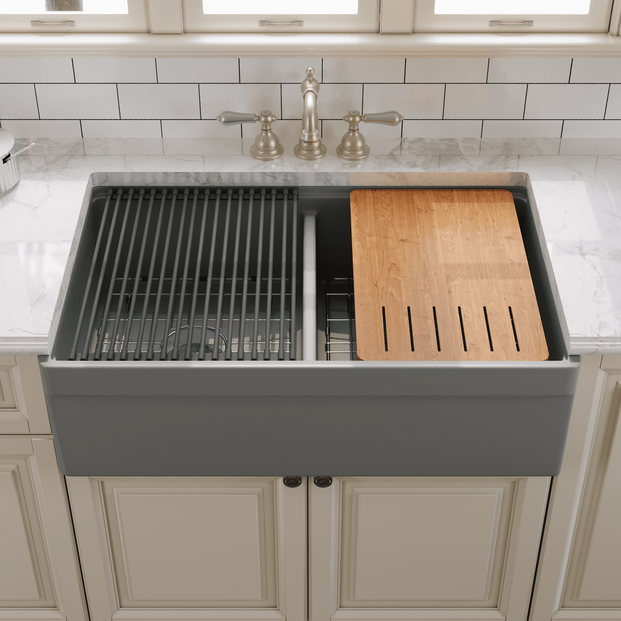 33" Matte Gray Fireclay Double Bowl Farmhouse Sink with Accessories