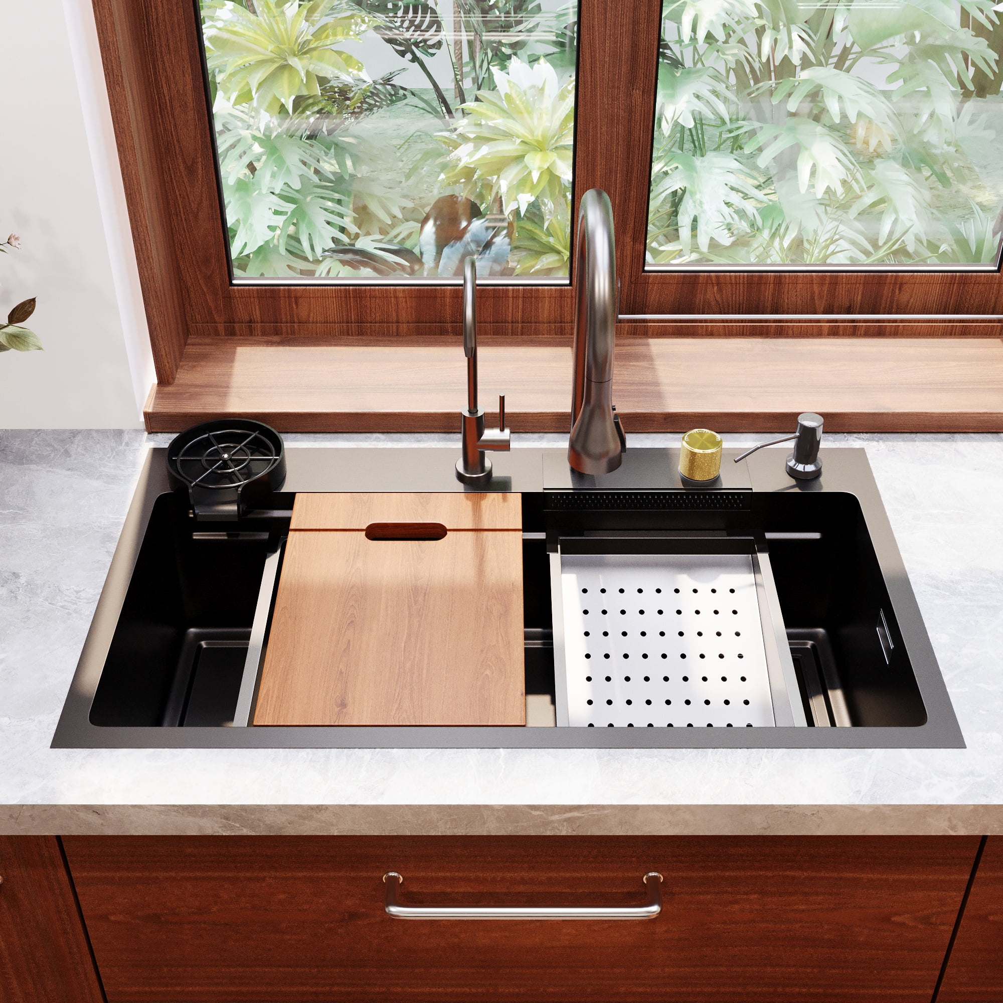 32" Black Stainless Steel Drop-In Single Bowl Kitchen Sink Workstation