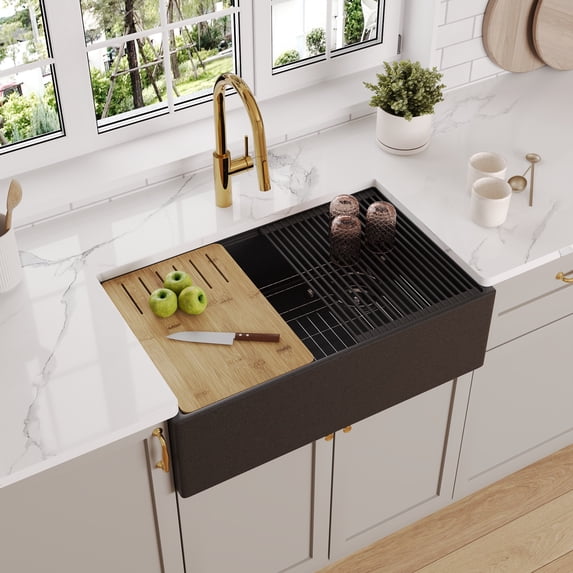 DV-1K0200BD 30-inch L Single Bowl Concrete Workstation Farmhouse Kitchen Sink Large Capacity Deep Dual Mount with Accessories