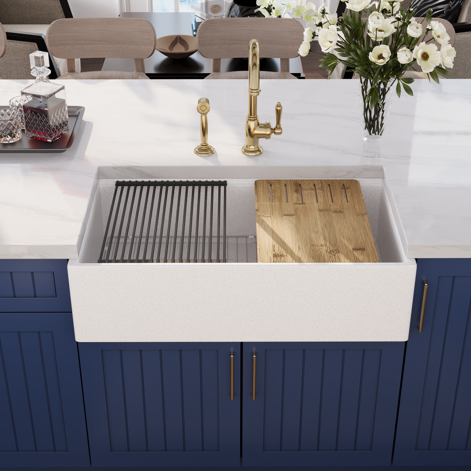 33" Gritty White Stainless Steel Farmhouse Workstation Sink