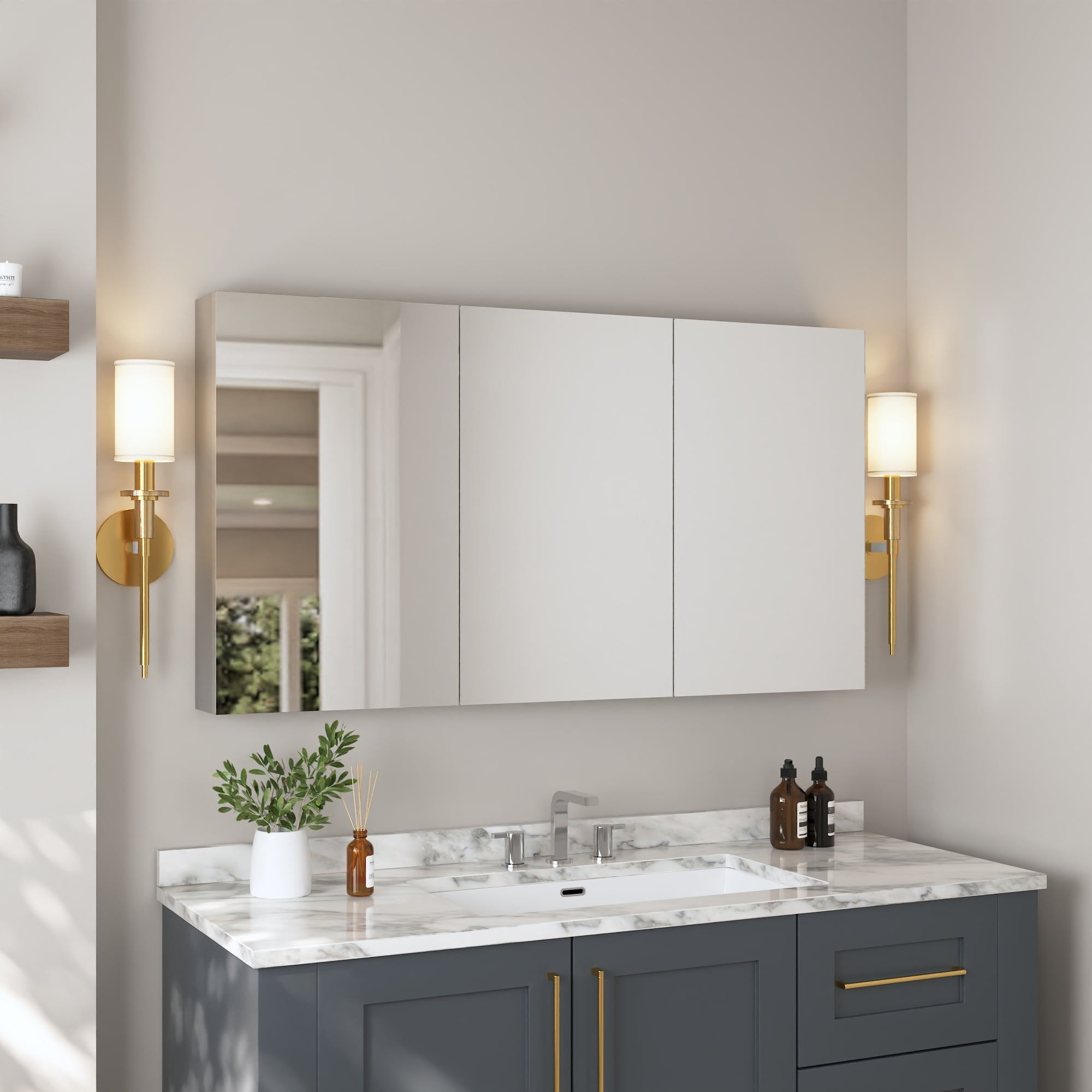 48'' Frameless Mirrored Three-Door Medicine Cabinet with Adjustable Shelves