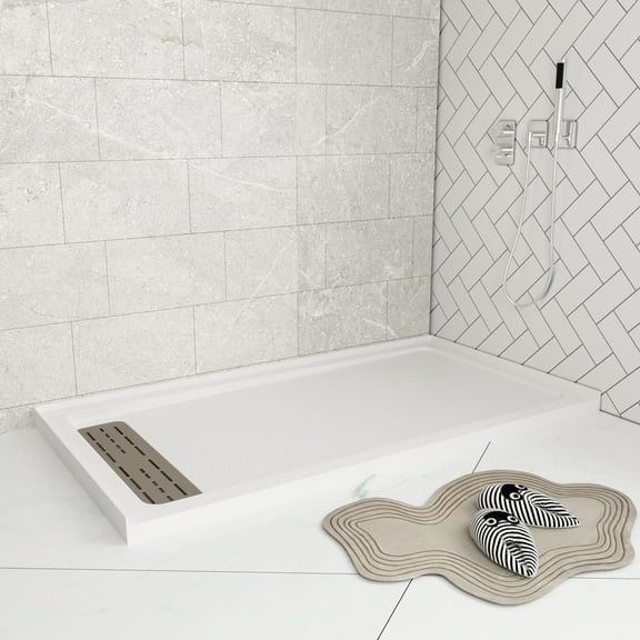 DV-1SB0099L 60" x 32" White Shower Base with Drain Assembly and Drain Cover Included, Non-slip Shower Pan