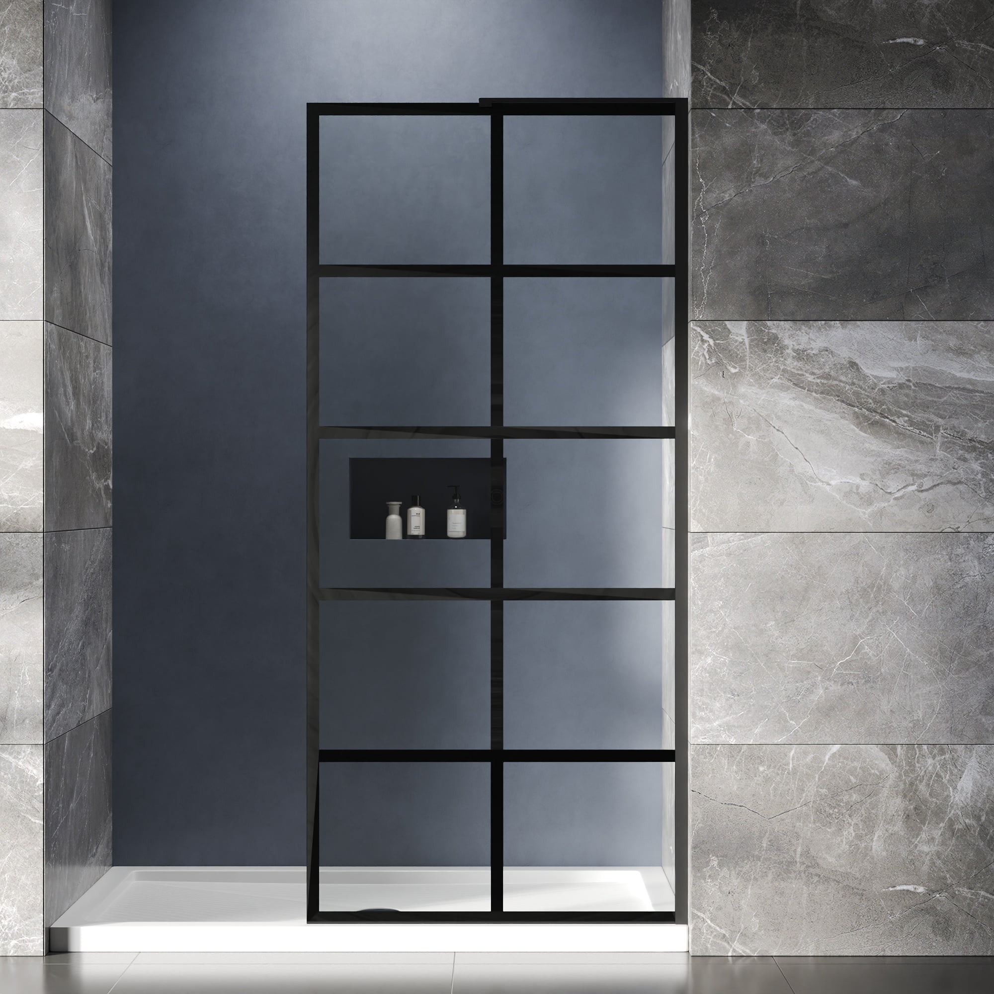 DV-1SD0218 36"×78" Single Fixed Panel with 10mm Tempered Glass, Framed Black Grid Shower Screen