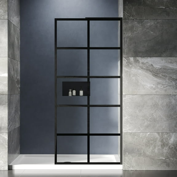DV-1SD0218 36"78" Single Fixed Panel with 10mm Tempered Glass, Framed Black Grid Shower Screen