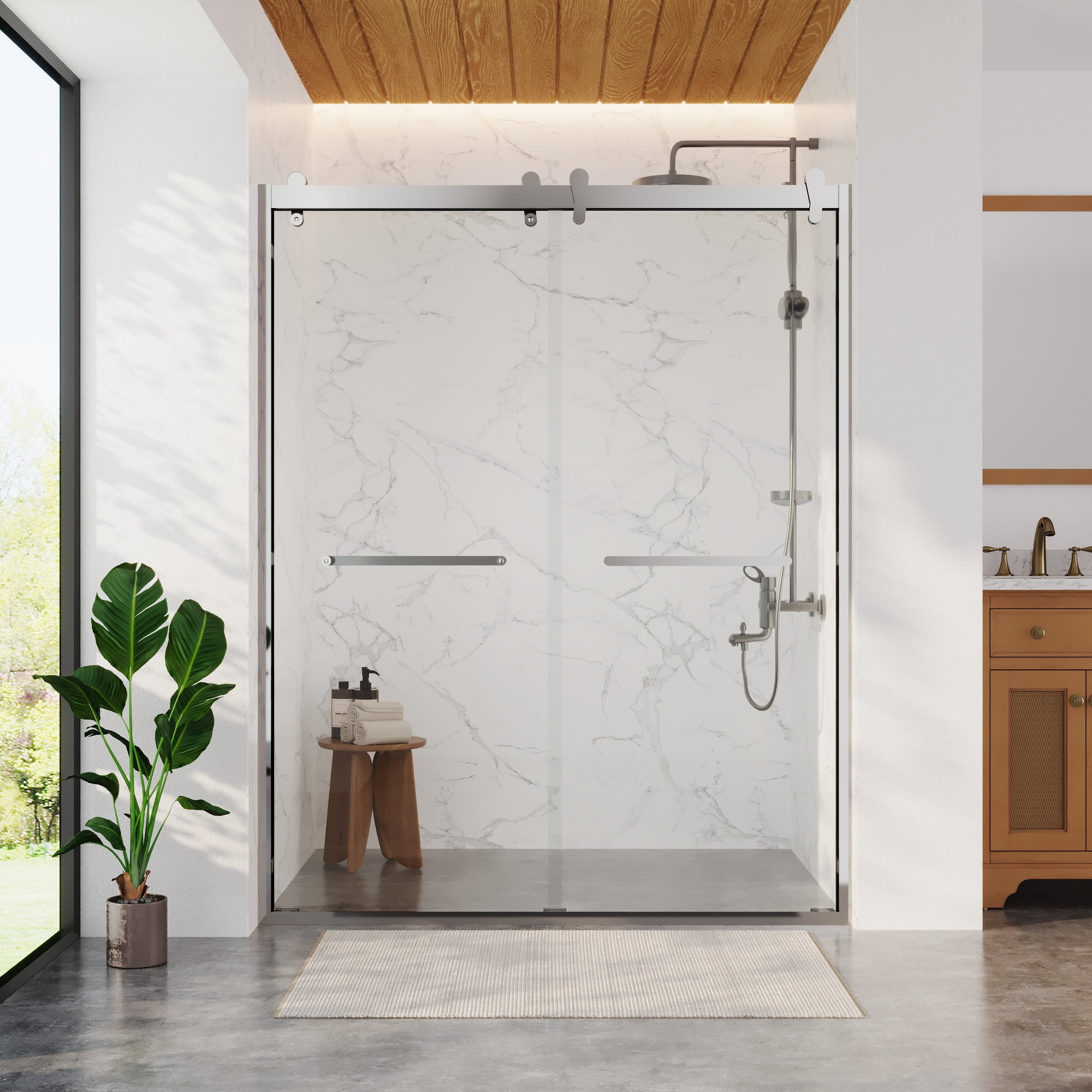 Silver Double Sliding Semi-Frameless Shower Door with Clear Glass