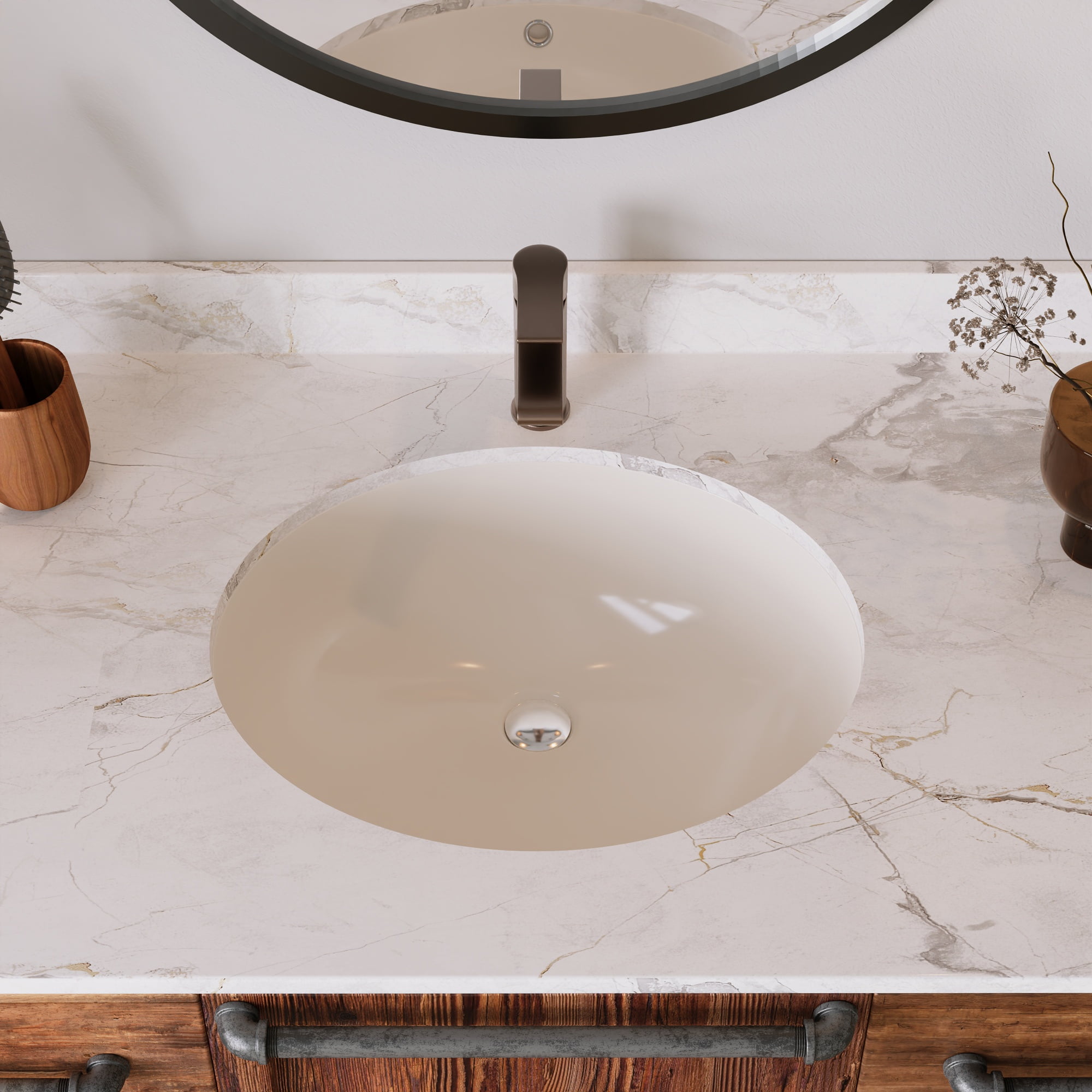 Beige Ceramic 18" Oval Undermount Bathroom Sink