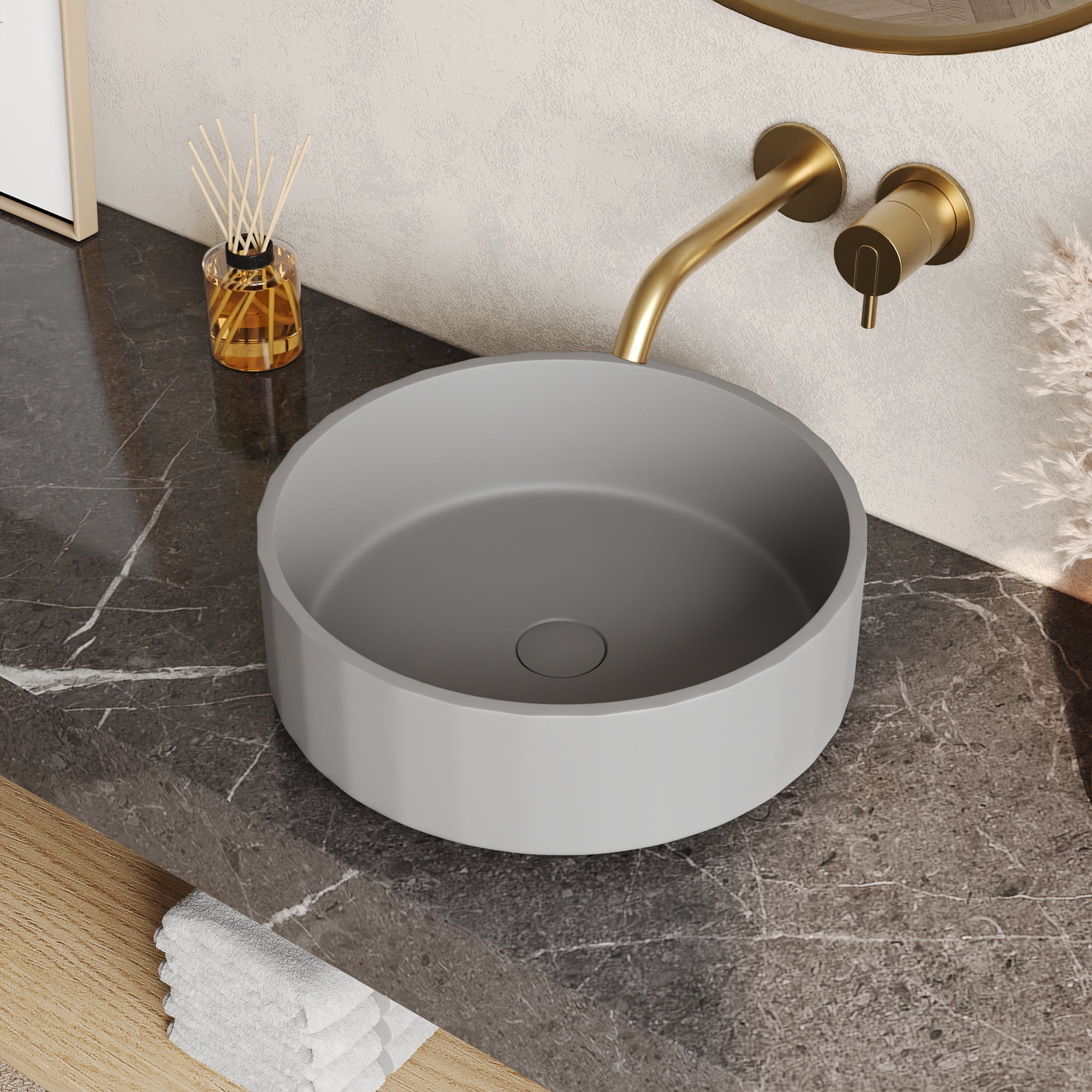 17" Round Light Gray Concrete Above-Counter Bathroom Vessel Sink