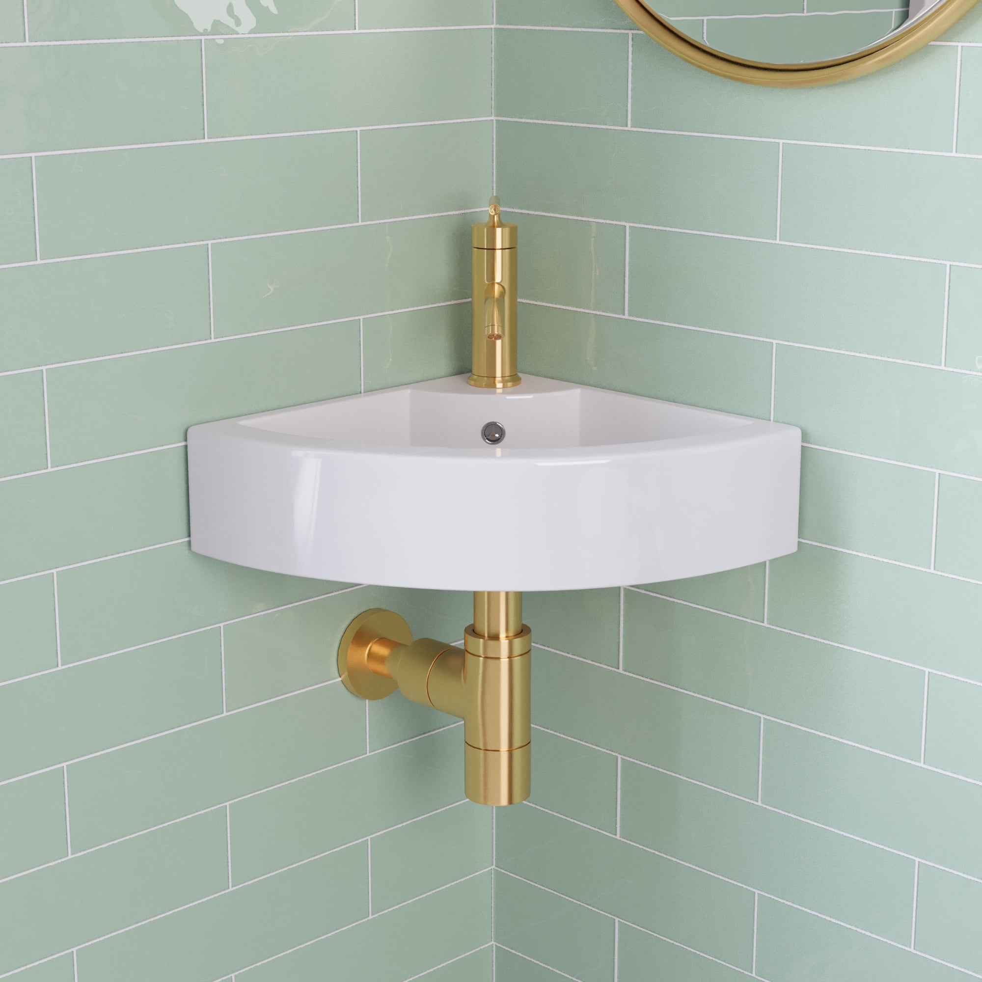 White Ceramic Wall-Mount Corner Bathroom Sink with Faucet Hole