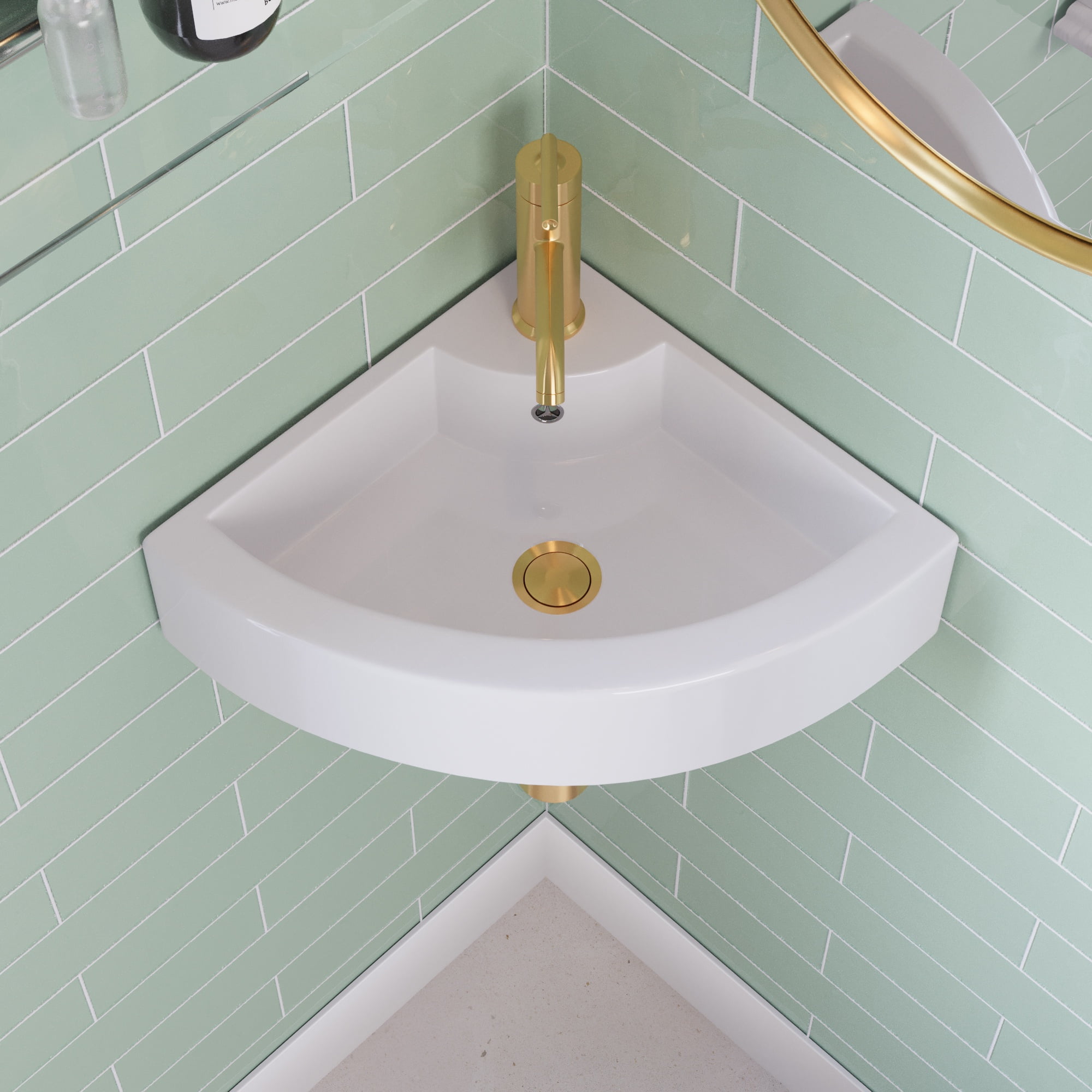 White Ceramic Wall-Mount Corner Bathroom Sink with Faucet Hole