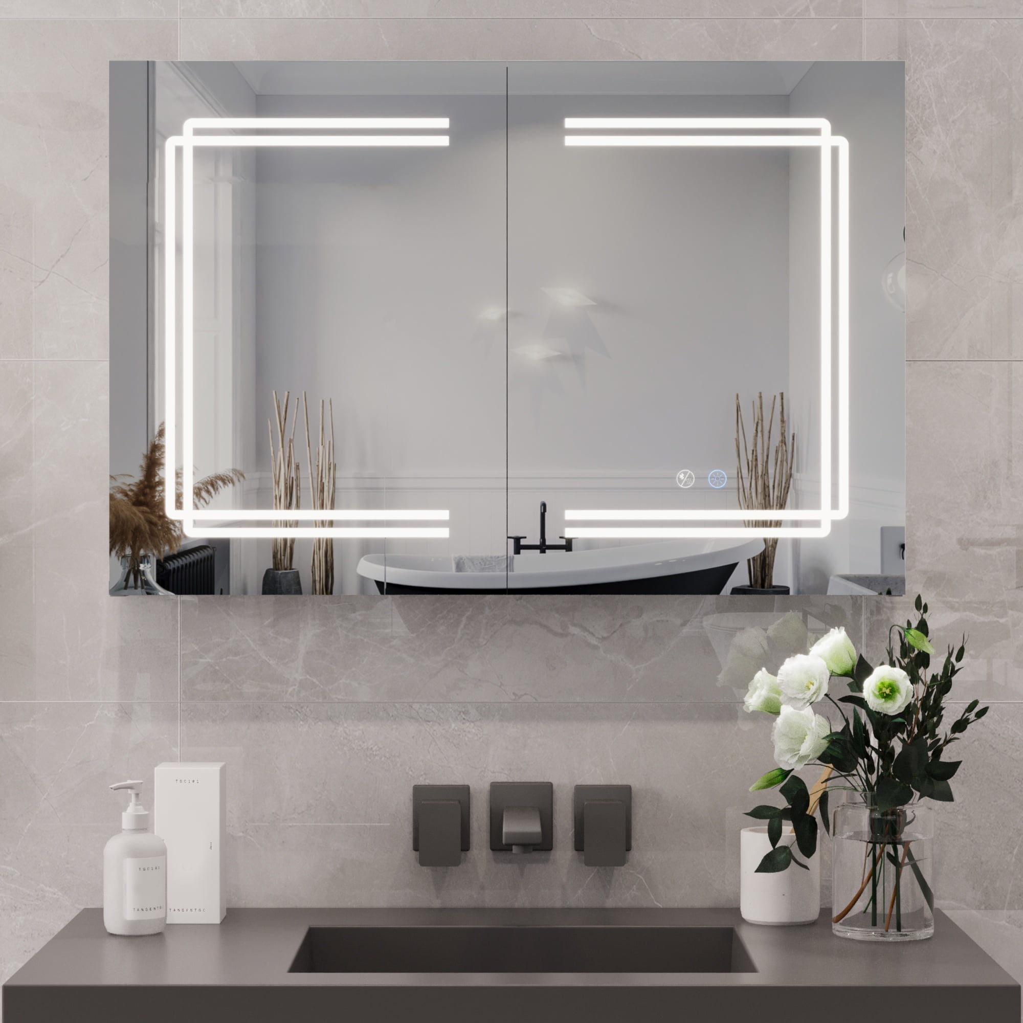 Silver Aluminum LED Medicine Cabinet with Mirror and Bluetooth Speaker