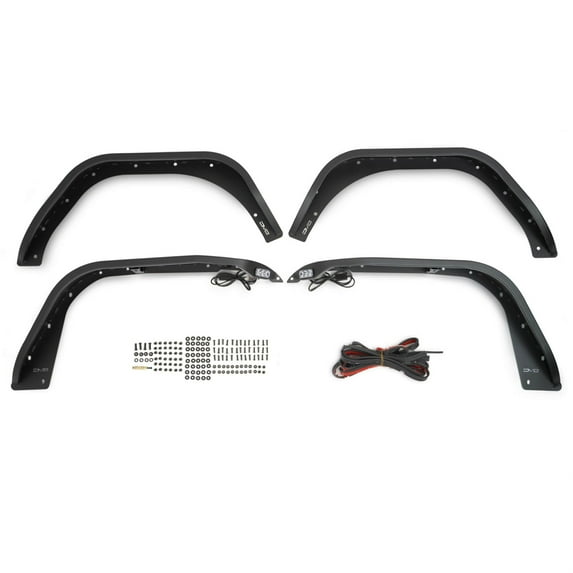 Slim Fender Flares for the 2018-2024 Jeep Wrangler JL | Front & Rear | Steel Construction | Complete Set of 4 | Plug & Play Dual Stage Running Lights & Turn Signal | Includes Rubber Seal | DV8 Offroad