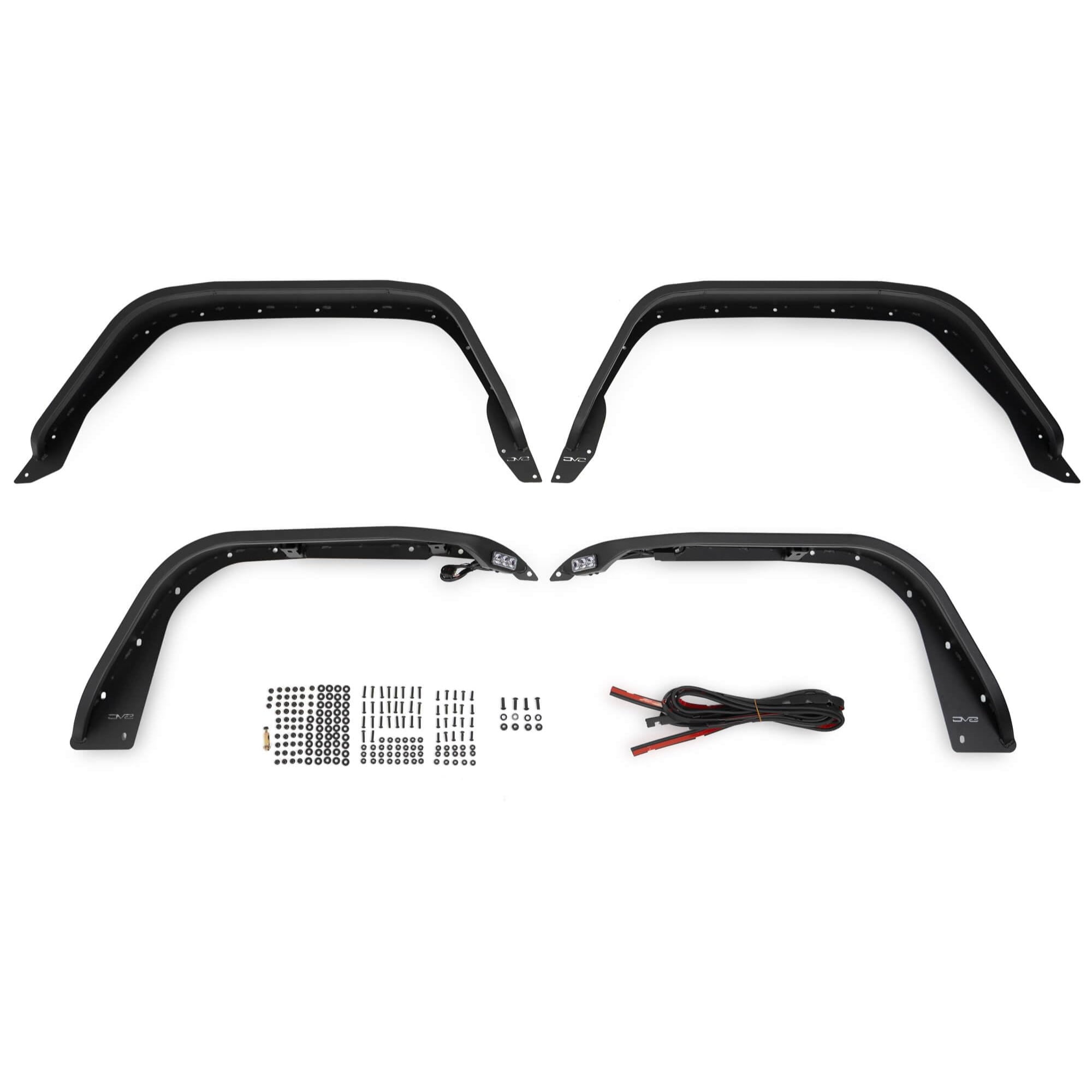 Slim Fender Flares for the 2020-2024 Jeep Gladiator JT | Front & Rear | Steel Construction | Complete Set of 4 | Plug & Play Dual Stage Running Lights & Turn Signal | DV8 Offroad