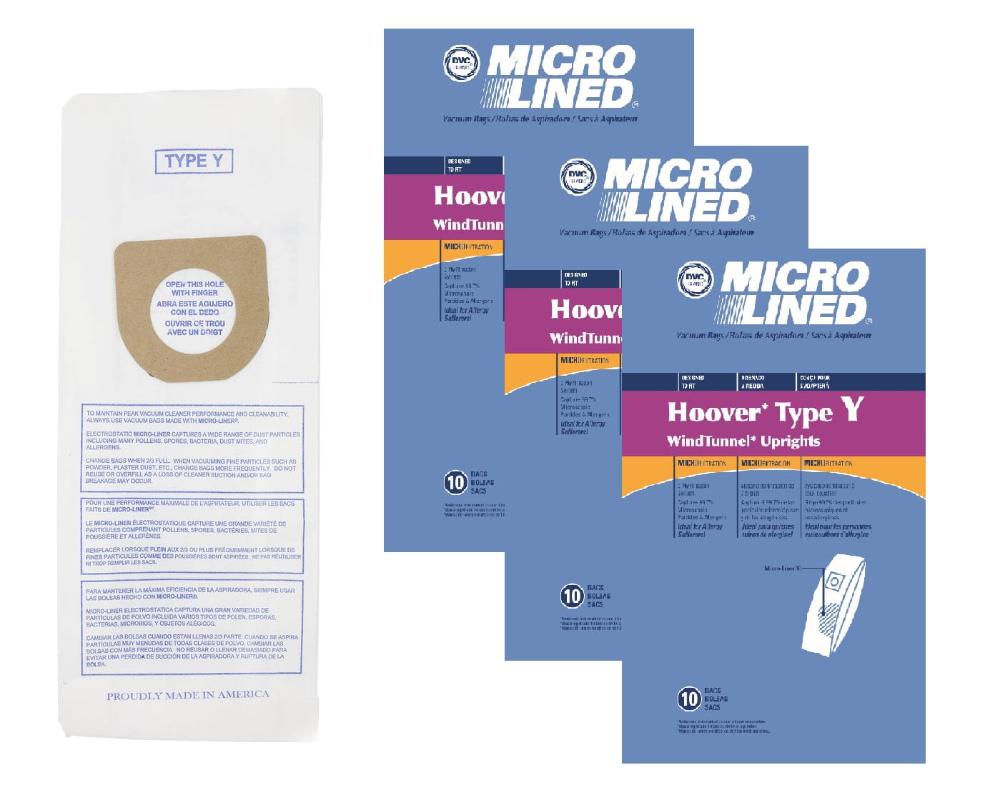 DVC Micro-Lined Paper Replacement Bags Style Y Fit Hoover Windtunnel and Tempo Upright Models - 30 Bags