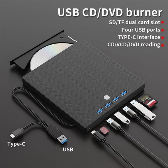 DVD CD Burner - 7-in-1 Multifunctional - External Player/Reader/Writer Drive - USB-C Portable-CD/DVD +/-RW Drive/DVD Player - USB 3.0 USB-C Hub - Compatible with Laptops Desktop All-in-One Computers