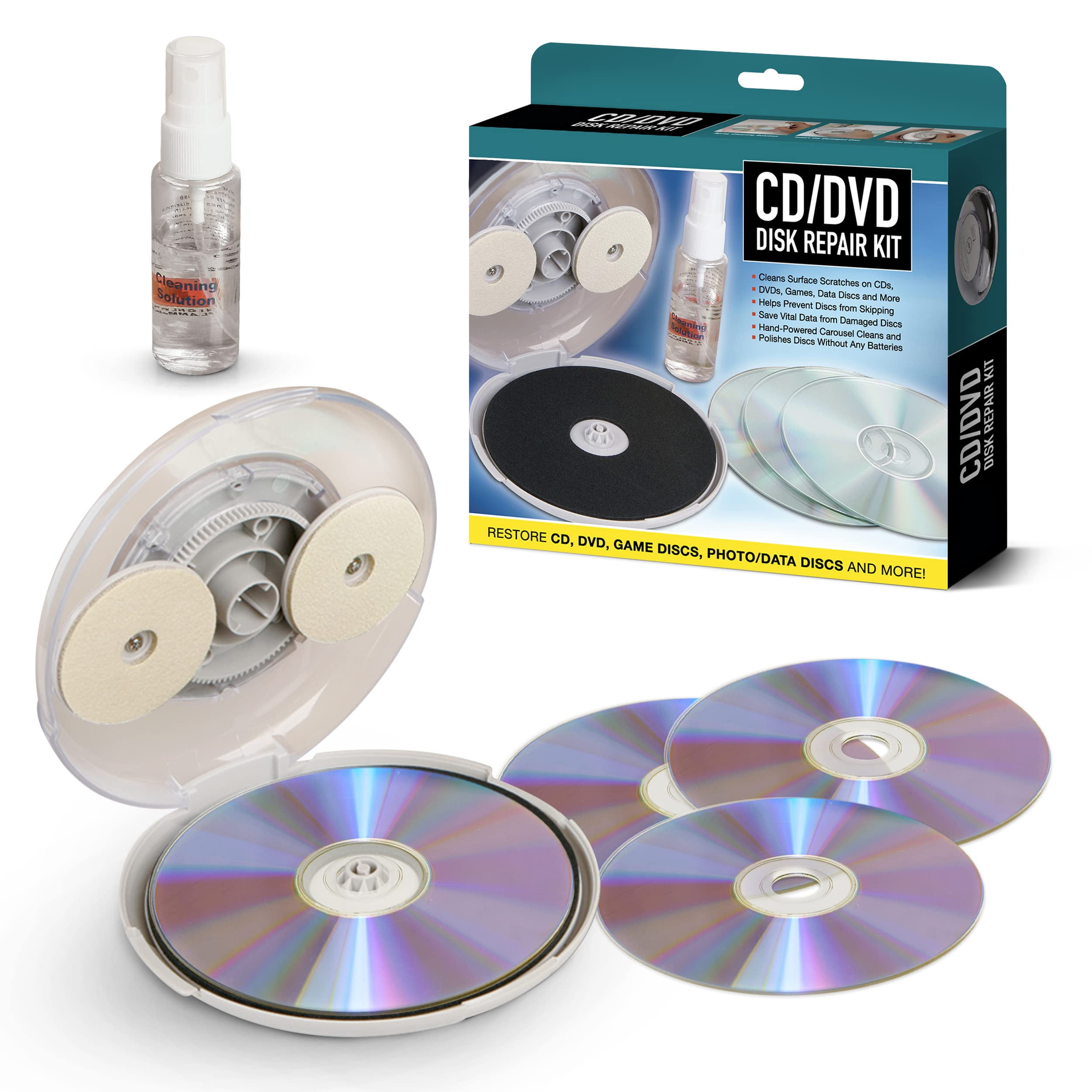 DVD CD Repair Kit with Cleaning Solution Included - Hand Powered