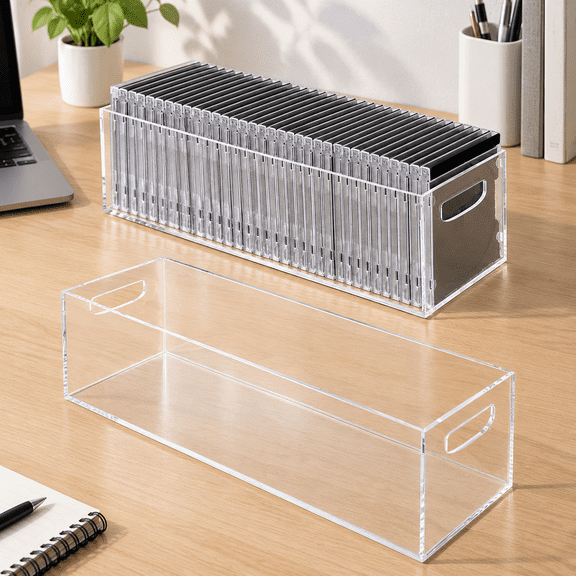 DVD/CD Storage Box Acrylic Clear DVD Holder Case with Handles Stackable Storage Container Shelf Organizer Bin for CDs Video Games Cases Blu-Rays Books Booklets Countertop Cabinet Home Office