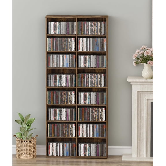 DVD & CD Storage Tower, 16-Shelf Multimedia Organizer with Adjustable 8-Tier Cabinet for Living Room, Home Office