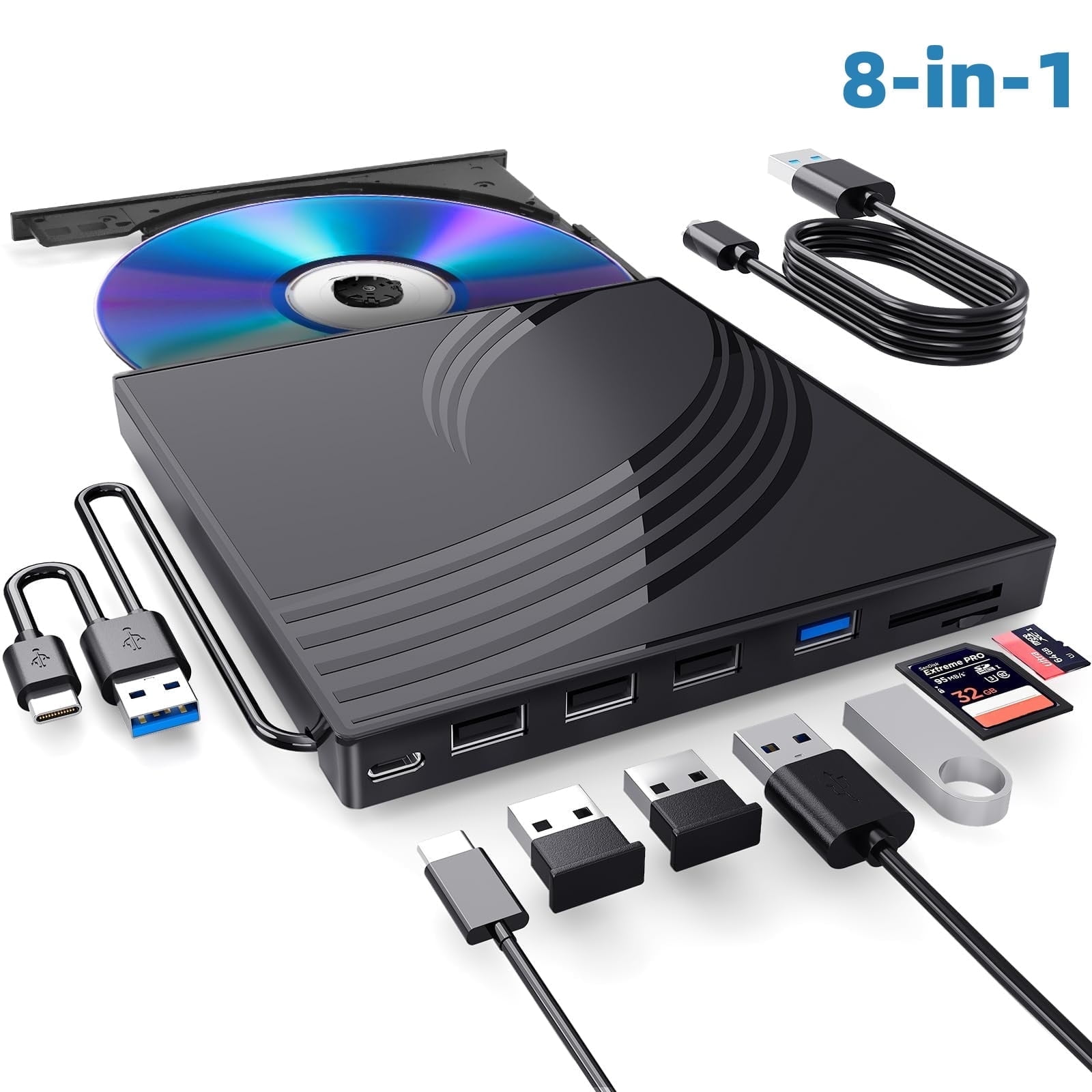 External CD/DVD Drive for Laptop, DVD Player for Laptop, 8 in 1 USB 3.0 Ultra-Slim Portable, CD Burner External Disk Drive Optical Compatible with External CD/DVD Drive for Laptop, DVD Player for Laptop, 8 in 1 USB 3.0 Ultra-Slim Portable, CD Burner External Disk Drive Optical Compatible with