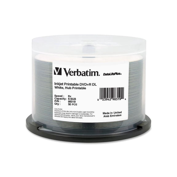 DVD+R DL 8.5GB 8X DataLifePlus White InkJet Printable, Hub Printable