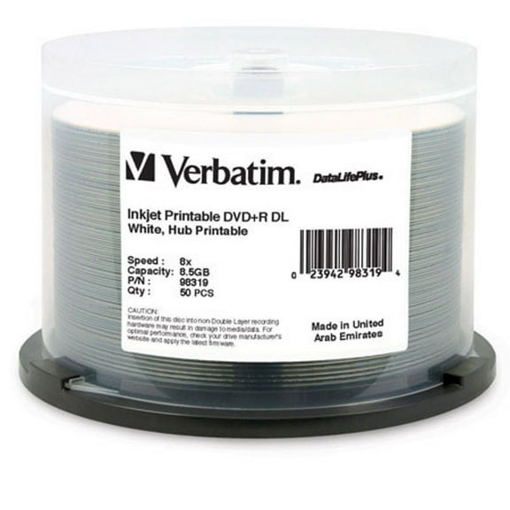 DVD+R DL 8.5GB 8X DataLifePlus White InkJet Printable, Hub Printable