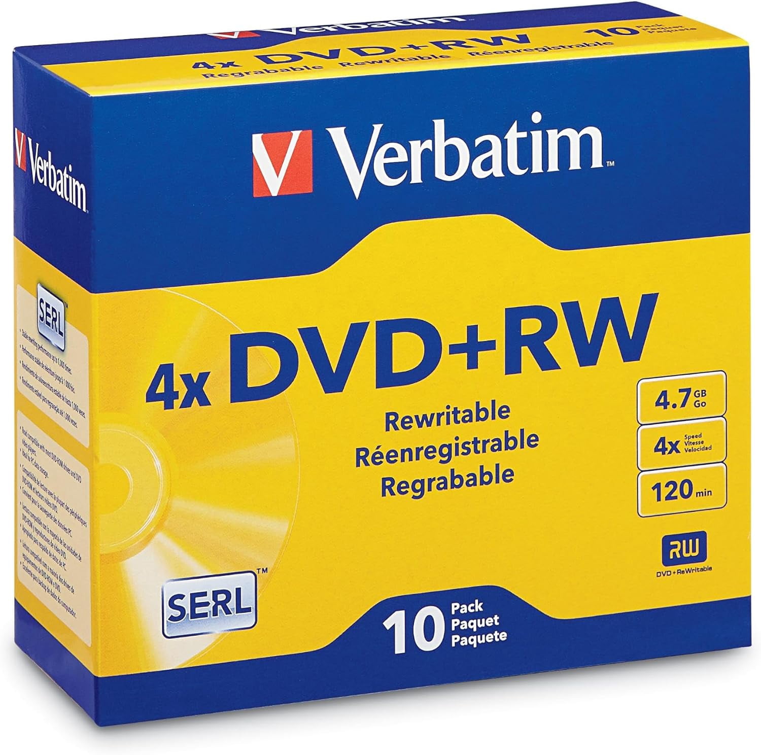 DVD+RW 4.7GB 120Min Up to 4X Blank Discs Rewritable Up to 1000 Times - 10pk Slim Case