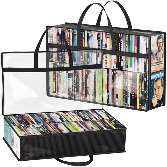 DVD Storage Bags, Clear PVC Plastic Organizer with Handles and Zipper, Media Holder for Blu Ray Disc, Movie Cases, VHS Box, Video Game Disks, Albums, Books, Holds 180 DVDs (90 Each) 2 Pack