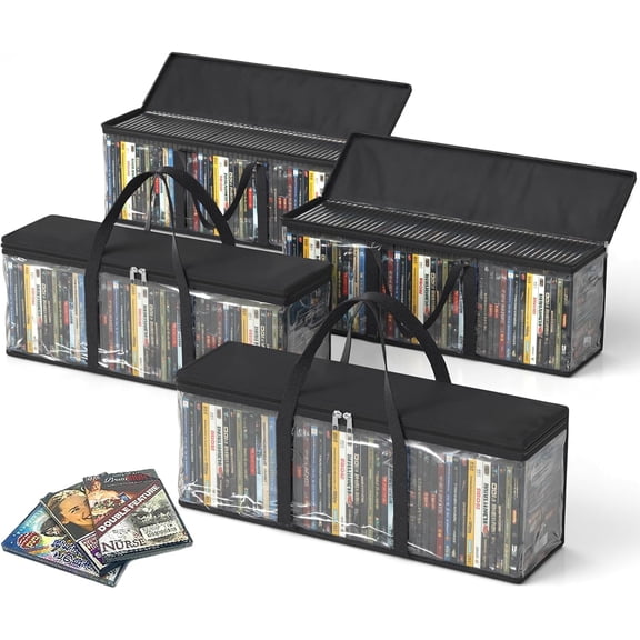 DVD Storage Bags, Media Organizer Bags for DVDs, CDs, Blu Ray Disc, Movie Cases, VHS Box, Video Game Disks, Albums, Books, Clear Plastic Holders with Carrying Handles (Black, 4Pack)