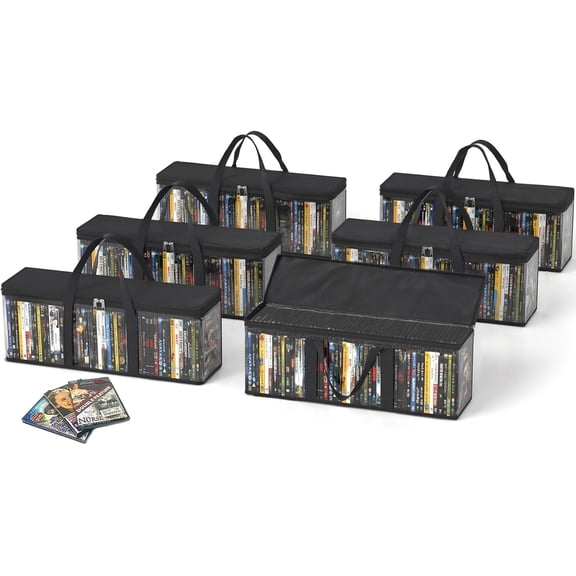 DVD Storage Bags, Media Organizer Bags for DVDs, CDs, Blu Ray Disc, Movie Cases, VHS Box, Video Game Disks, Albums, Books, Clear Plastic Holders with Carrying Handles (Black, 6Pack)