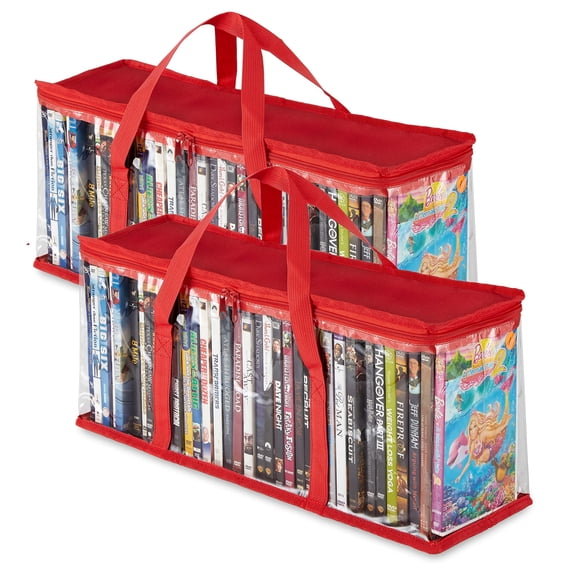 Stock Your Home DVD Storage Bags (Set of 2) Media Organizer Bag for DVDs, CDs, Blu Ray Disc, Movie Cases, VHS Box, Video Game Disks, Clear Plastic Holders with Carrying Handles and Zipper - Red