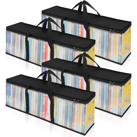 DVD Storage Bags (Set of 4) Clear PVC Media Holder Case with Handles for DVDs/CDs/VHS Box/Blu Ray Disc/Movie Cases/Video Games Discs - Each Bag Holds up to 40 DVDs