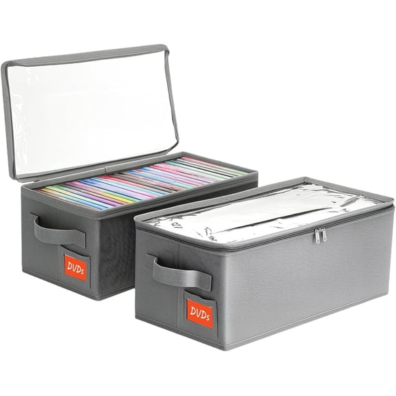 DVD Storage Box Case with Clear PVC Lid Shelf Organizer for 25 Standard Cases Foldable & Stackable Media Solution 2Pack(Gray)