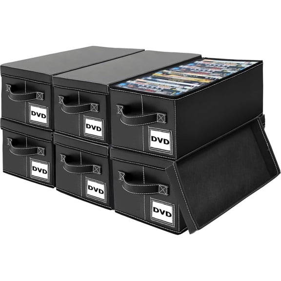 DVD Storage Box & Case with Handle, PU Leather Cover, 6 Pack | Holds 150 DVDs/Blu-rays/Games, 15.7x7.9x5.7 Inches, for Desktop/Closet Storage