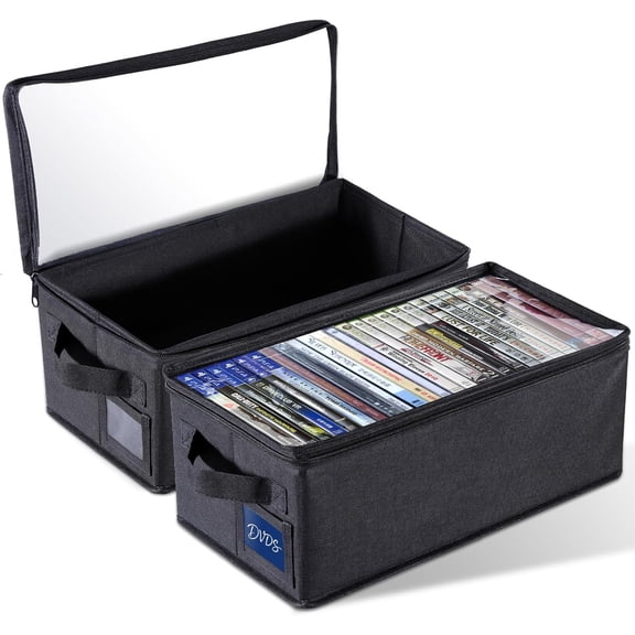 DVD Storage Box with Clear Window - 15.75" Foldable Media Organizer, Premium Zipper Closure, Holds 27+ DVDs, Dustproof Non-woven Fabric, Reinforced Handles & Label Slot (Black) (2)