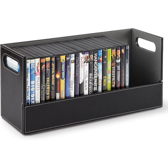 DVD Storage Box, Movie Shelf Organizer for Blu-Ray, Video Game Cases, CDs, VHS Tape Display Stand, Disc Holder Can Store Up to 28 DVDs, Faux Leather (Black)