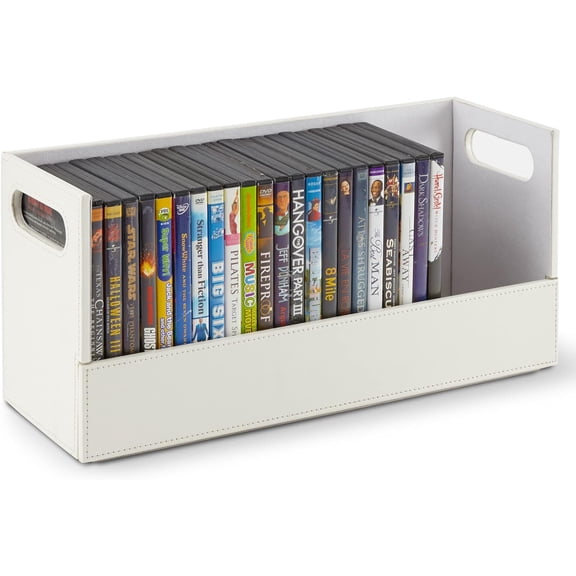 DVD Storage Box, Movie Shelf Organizer for Blu-Ray, Video Game Cases, CDs, VHS Tape Display Stand, Disc Holder Can Store Up to 28 DVDs, Faux Leather (White)
