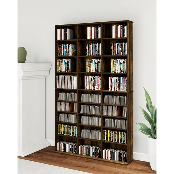 DVD Storage Tower with Adjustable Shelves, 8-Tier DVD Rack Tower for CDs, DVDs, Blu-Rays, Video Games, Rustic Brown Multimedia Storage Cabinet, Media Shelf Organizer for Living Room