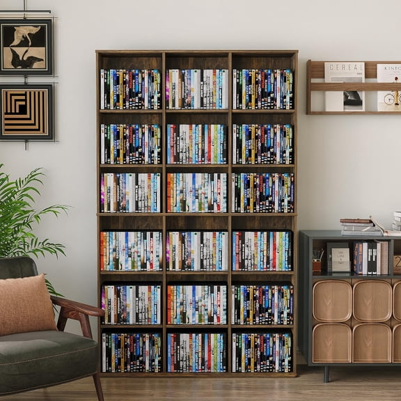 DVD Storage Tower with Adjustable Shelves, 9-Tier DVD Rack Tower for CDs, DVDs, Blu-Rays, Video Games, Rustic Brown Multimedia Storage Cabinet, Media Shelf Organizer for Living Room