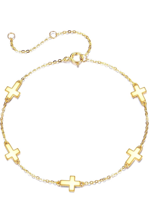 10K Gold Cross Station Bracelet for Women,Religious Charm Bracelets for Christmas Mothers Day Anniversary Jewelry Gift for Mom Wife Her 6.5''+2''