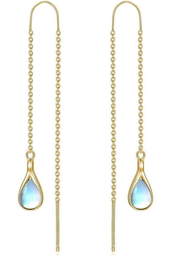 18k Gold plated Moonstone Threader Earrings Pull Through Earrings threader Long Chain Earrings for Women
