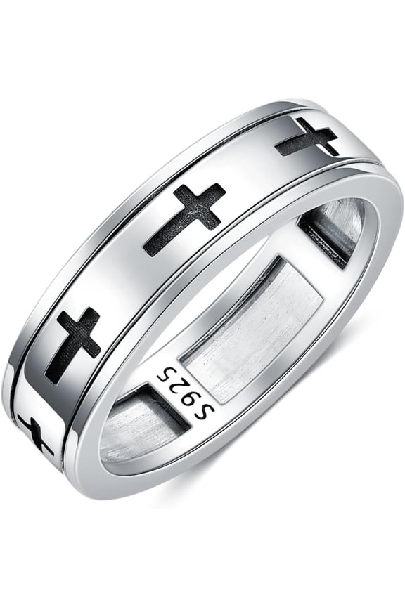 6mm Cross Rings for Men 925 Sterling Silver Lord’s Prayer Spinner Ring Wedding Band Ring for Men Women Size 8/9/10/11/12