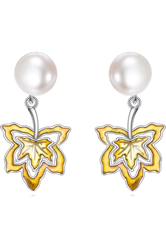 8mm Natural Freshwater Pearl Earrings for Women, 925 Sterling Silver Pearl Maple Leaf Studs, Exquisite Jewelry Gift for Mother Wife Girlfriend, Birthday Anniversary