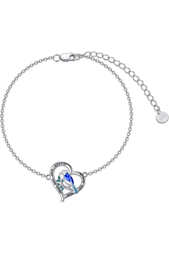 925 Sterling Silver Blue Jay Bracelet Bluebird of Happiness Adjustable Link Chain Our Love Never Dies Jewelry Gifts for Women