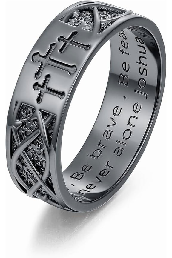DVEATR 925 Sterling Silver Cross Band Ring for Men with Joshua 1:9 Size 6/7/8/9/10/11/12/13/14/15 Christian Rings for Dad Son