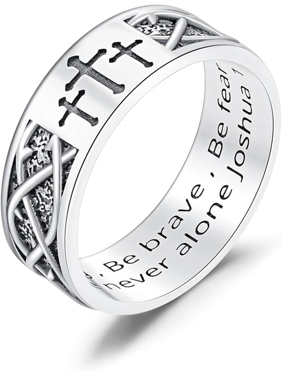 DVEATR 925 Sterling Silver Cross Band Ring for Men with Joshua 1:9 Size 6/7/8/9/10/11/12/13/14/15 Christian Rings for Dad Son
